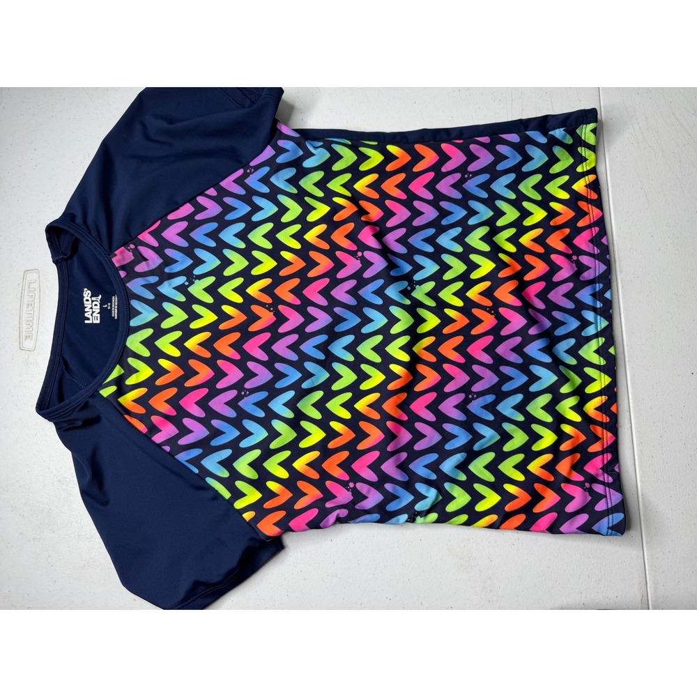 Lands' End Girls Navy Rainbow Heart Rash Guard Swim Shirt Top Large 10-12